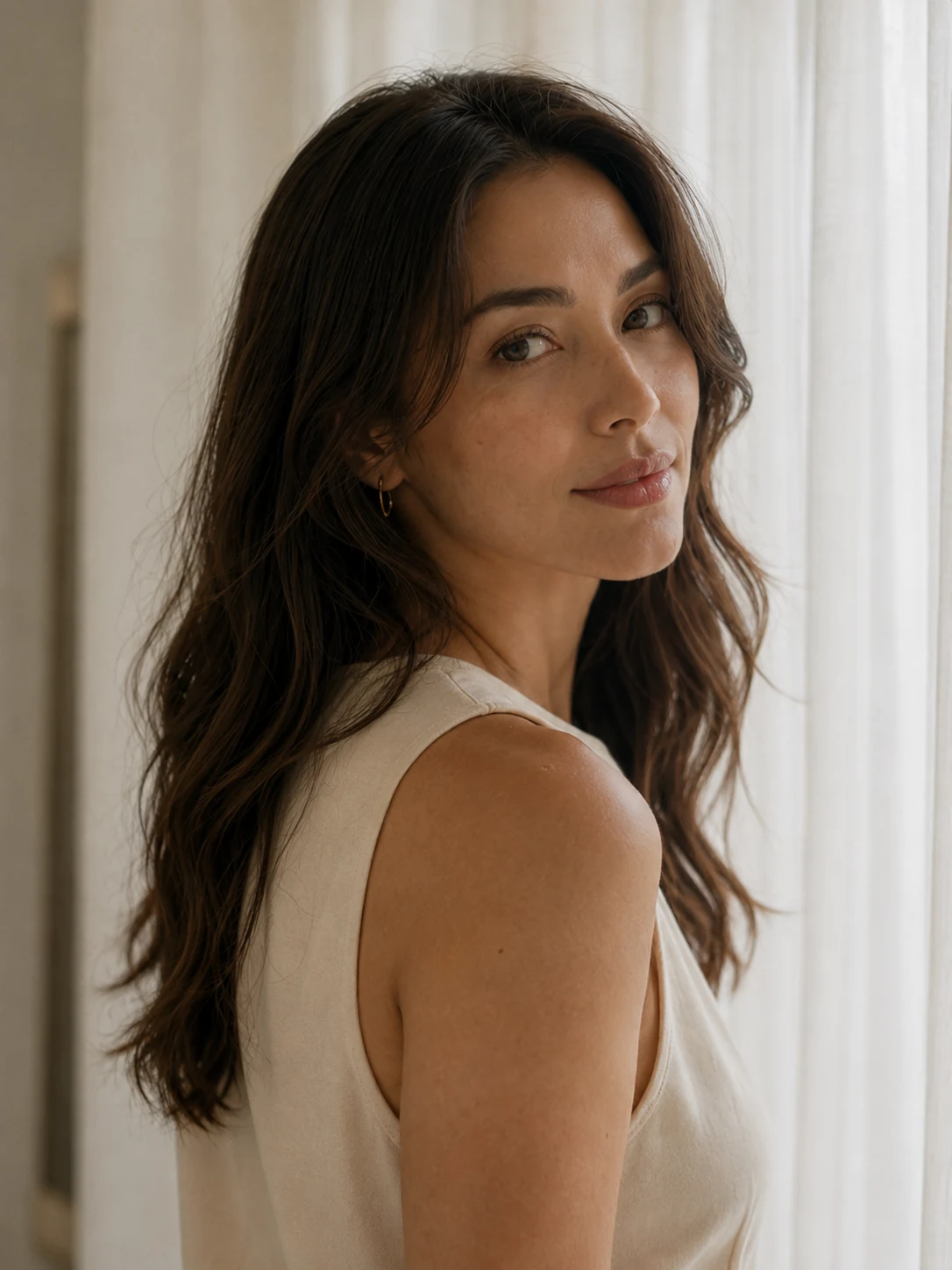 Adult model in soft natural light with realistic skin texture.