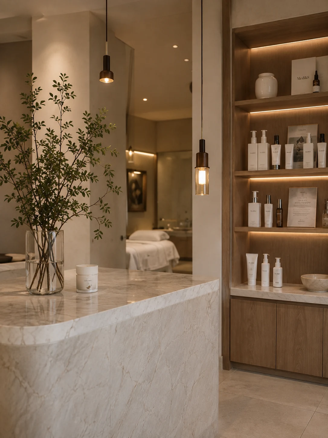 Warm, refined aesthetic clinic interior with natural materials.