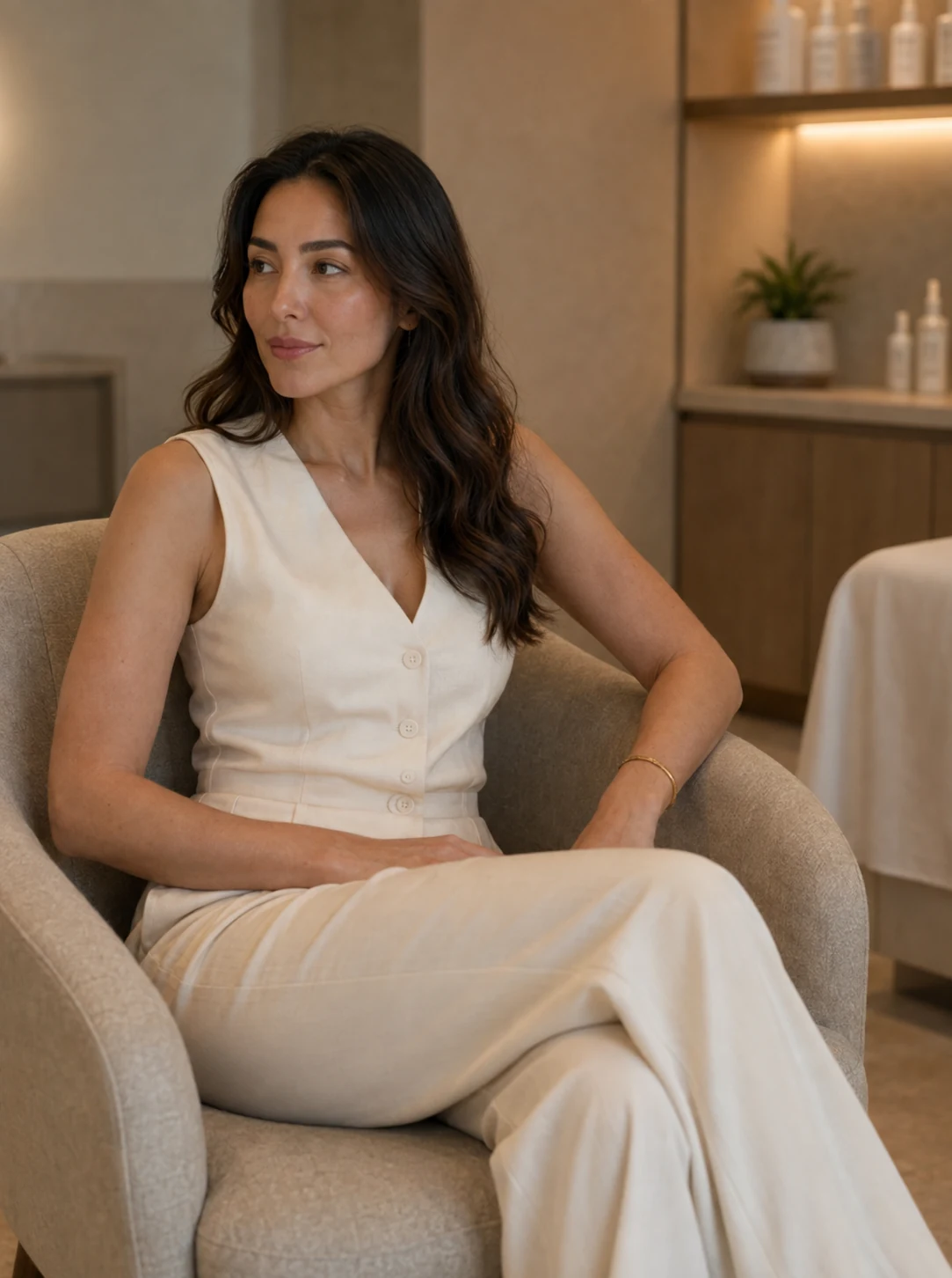 Adult model seated in a warm, quiet clinic environment.