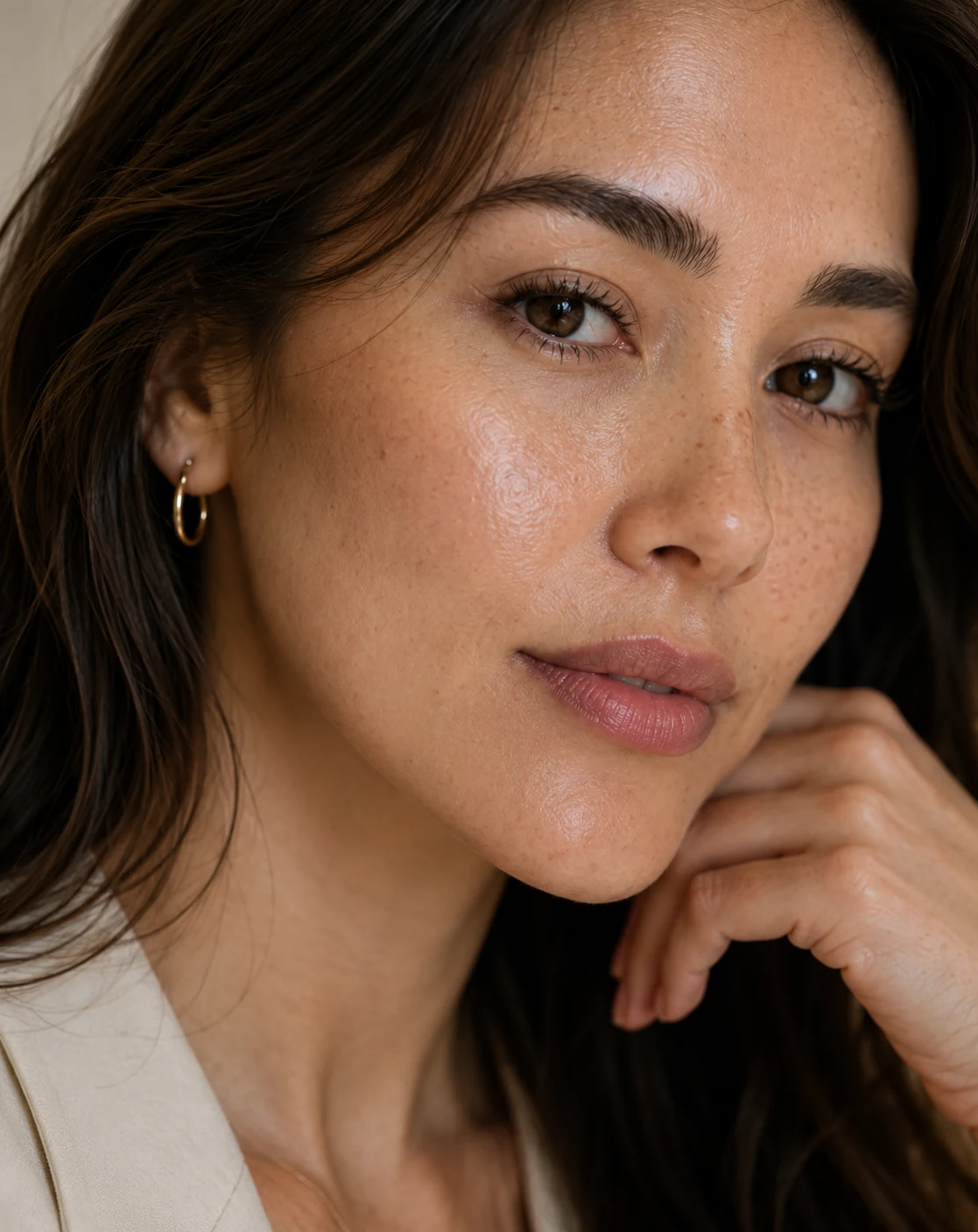 Close portrait showing natural skin texture and minimal makeup.