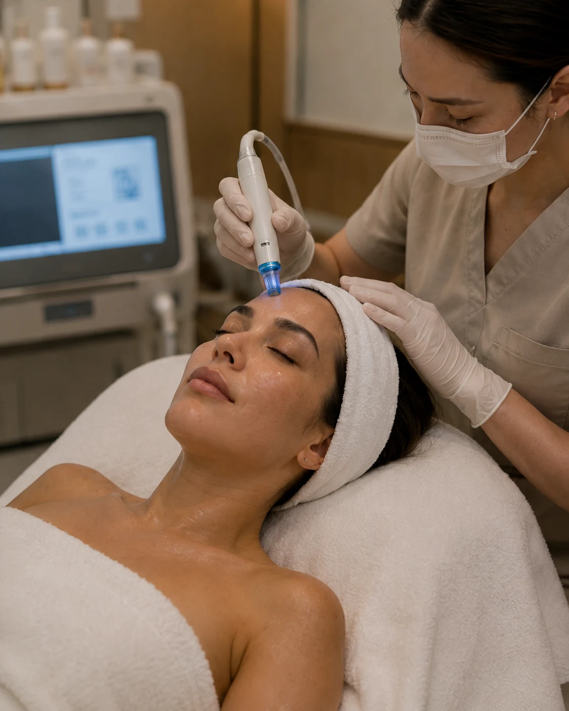 Client receiving a professional skin treatment in a calm clinic setting.